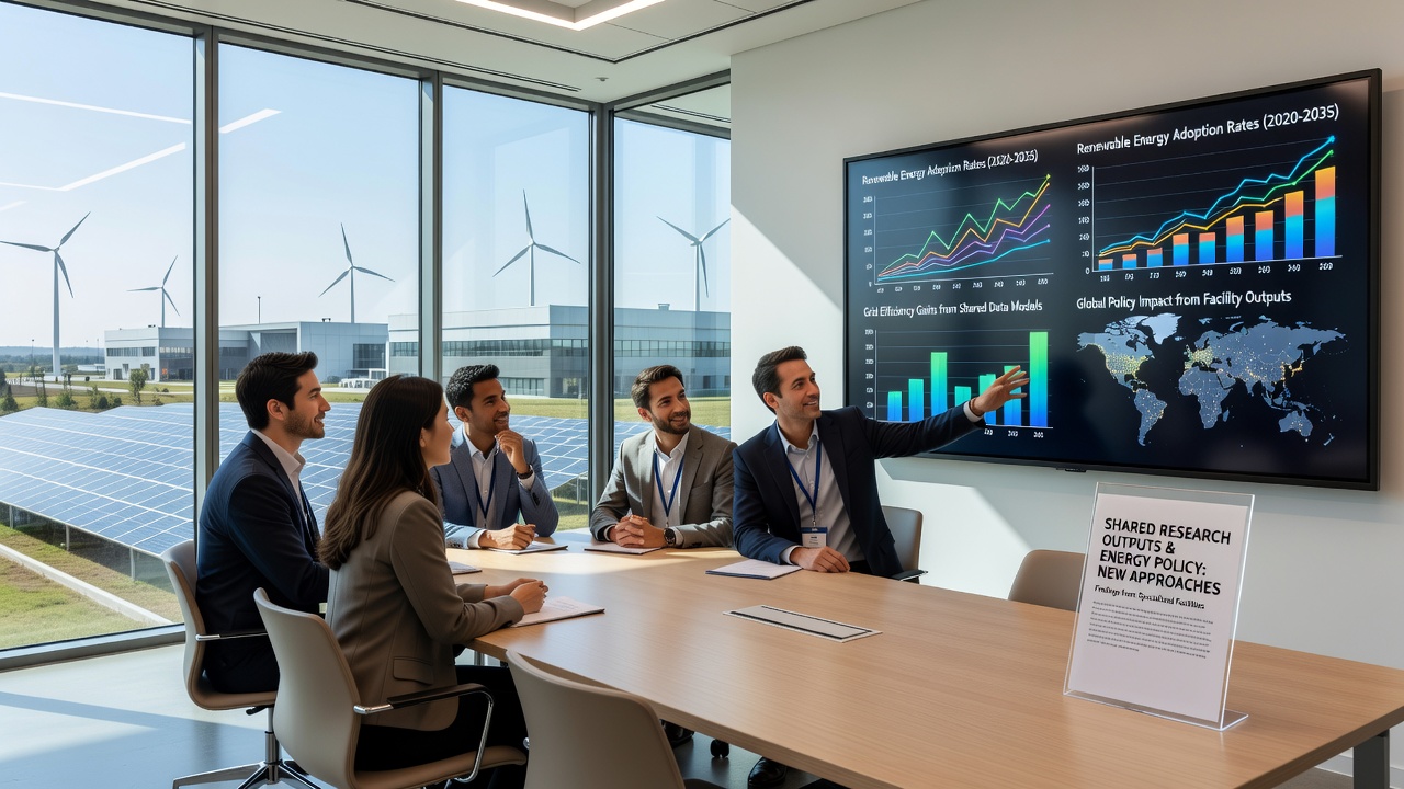 Academic network meeting where specialists discuss energy policy implications from shared facility research data