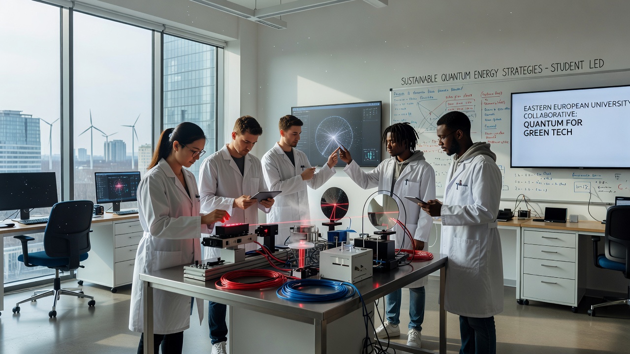 Eastern European students presenting quantum energy research findings at a regional conference